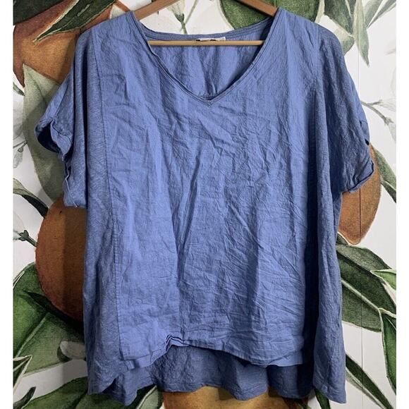 Chicos Size 3 US XL Blue V Neck Rolled Sleeves Linen Blend Blouse - Picture 1 of 6